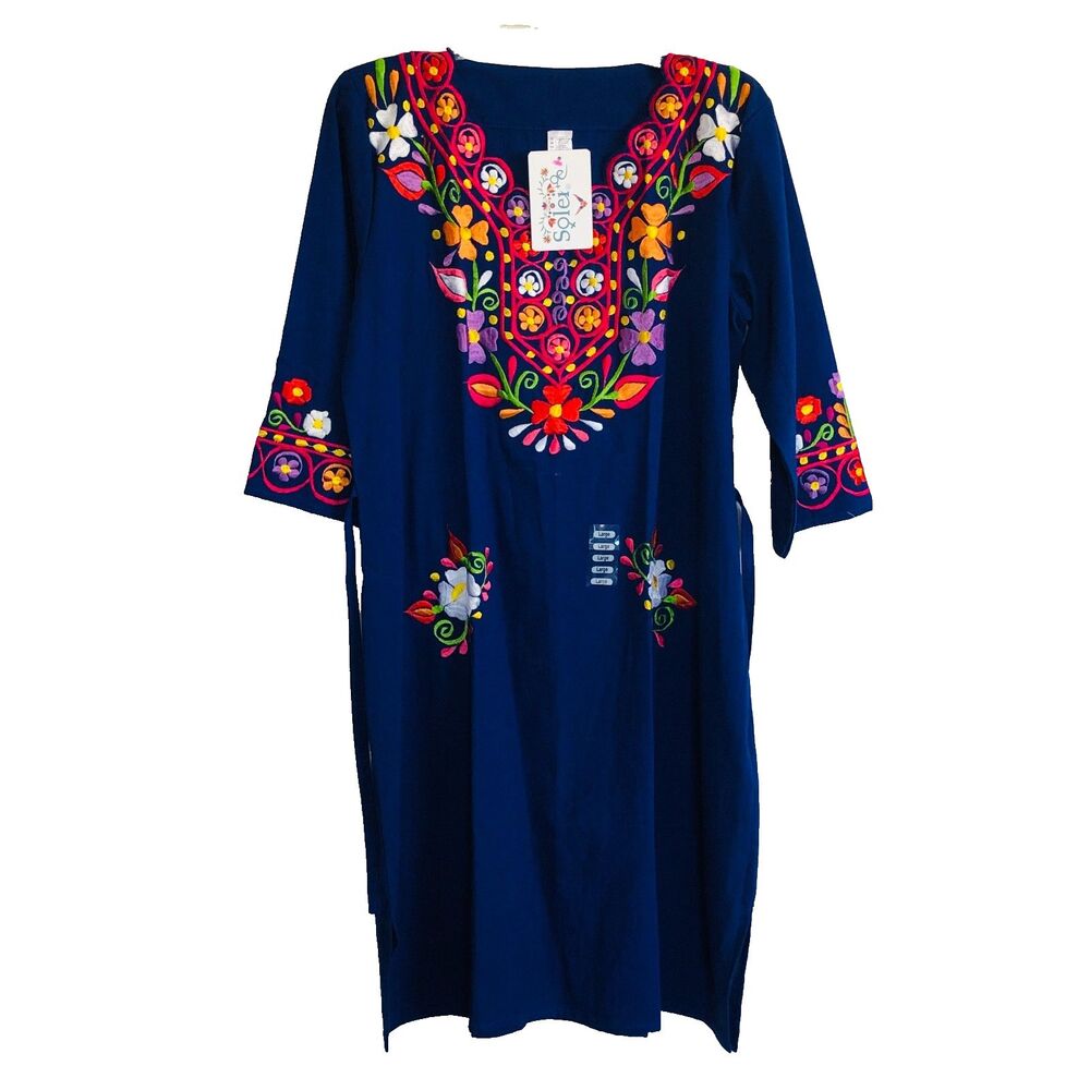 Solei Blue Handmade Embroidered Dress Size L NWT